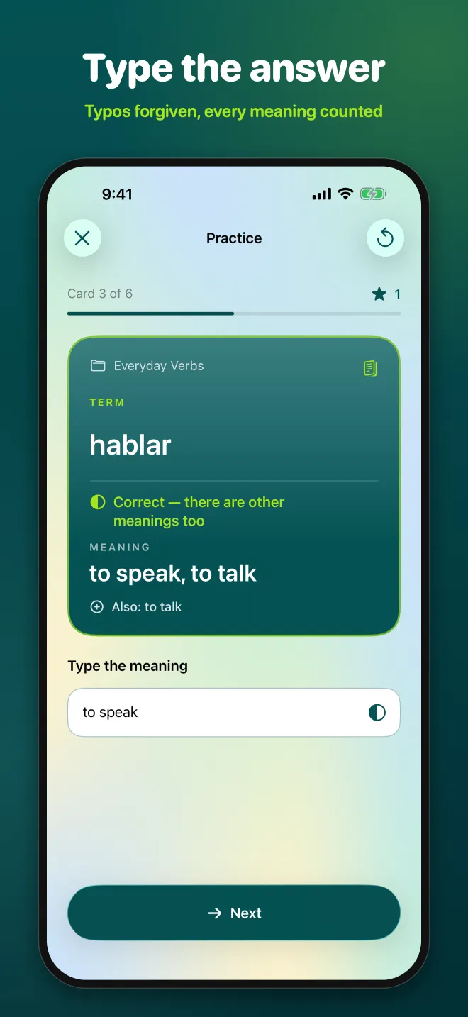 Проверка ответа: к слову hablar введено «to speak» — ответ засчитан частично, карточка показывает второе значение «to talk»